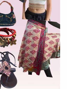 Gypsy silk ren fair Multicolor Women's below knee reversible wrap vintage Skirt